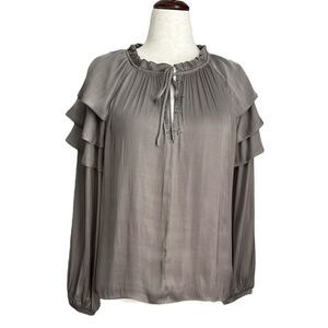 Anthropologie Current Air Shirred Ruffle Tie Neck Satin Flowy Boho Blouse Size L